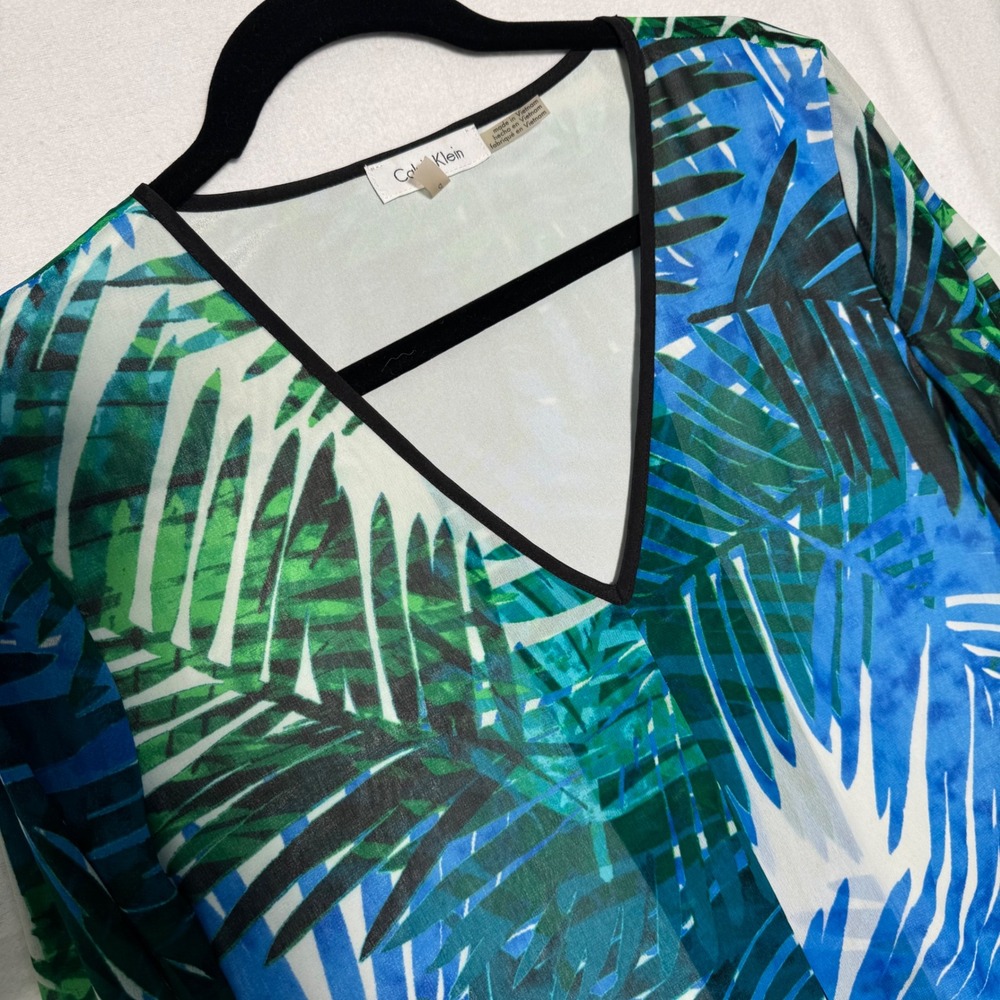 Calvin Klein Tropical Palm Print V-Neck Blouse Green Blue Long Sleeve Top L